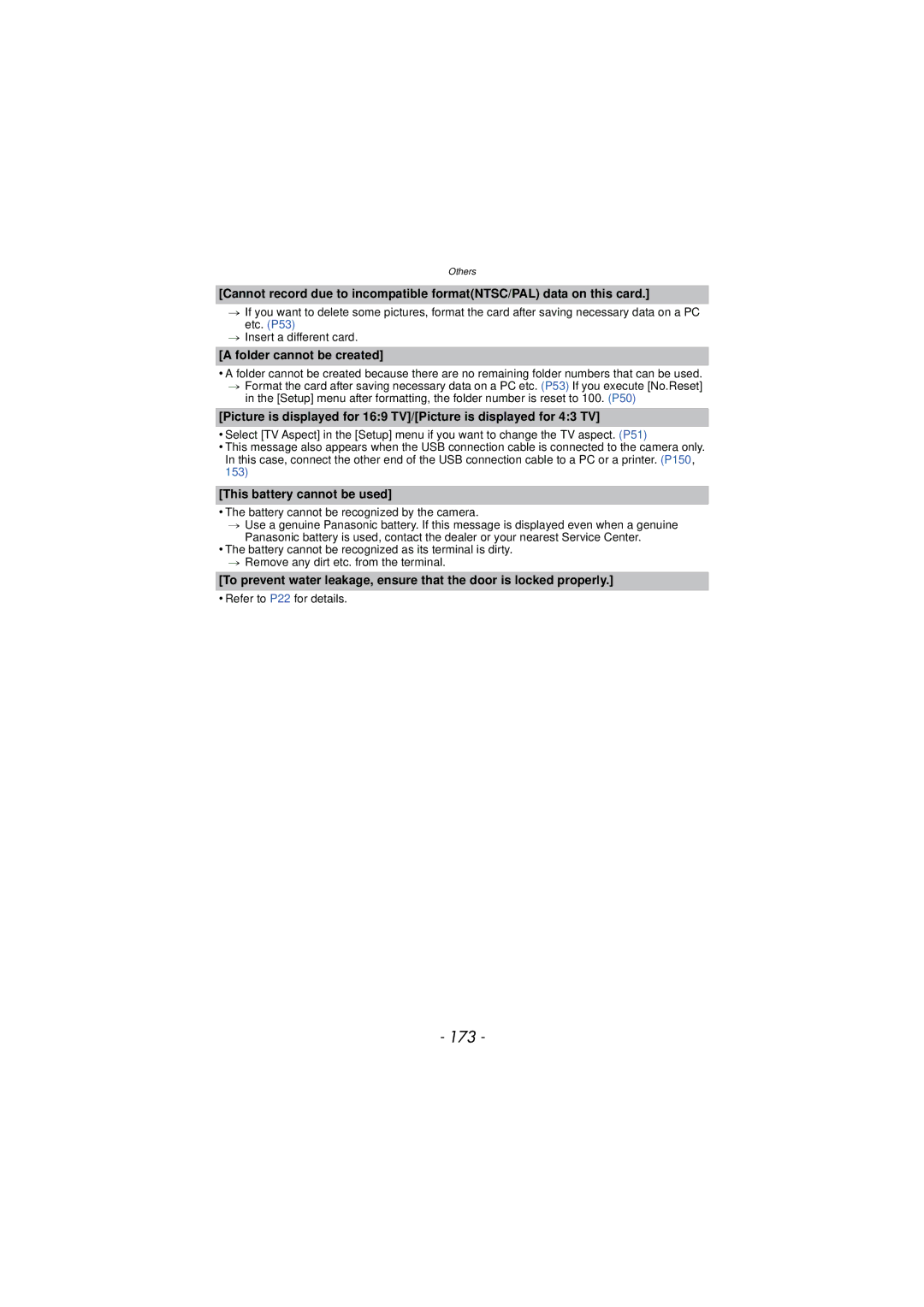 Panasonic DMC-TS3 owner manual 173, Folder cannot be created, This battery cannot be used 