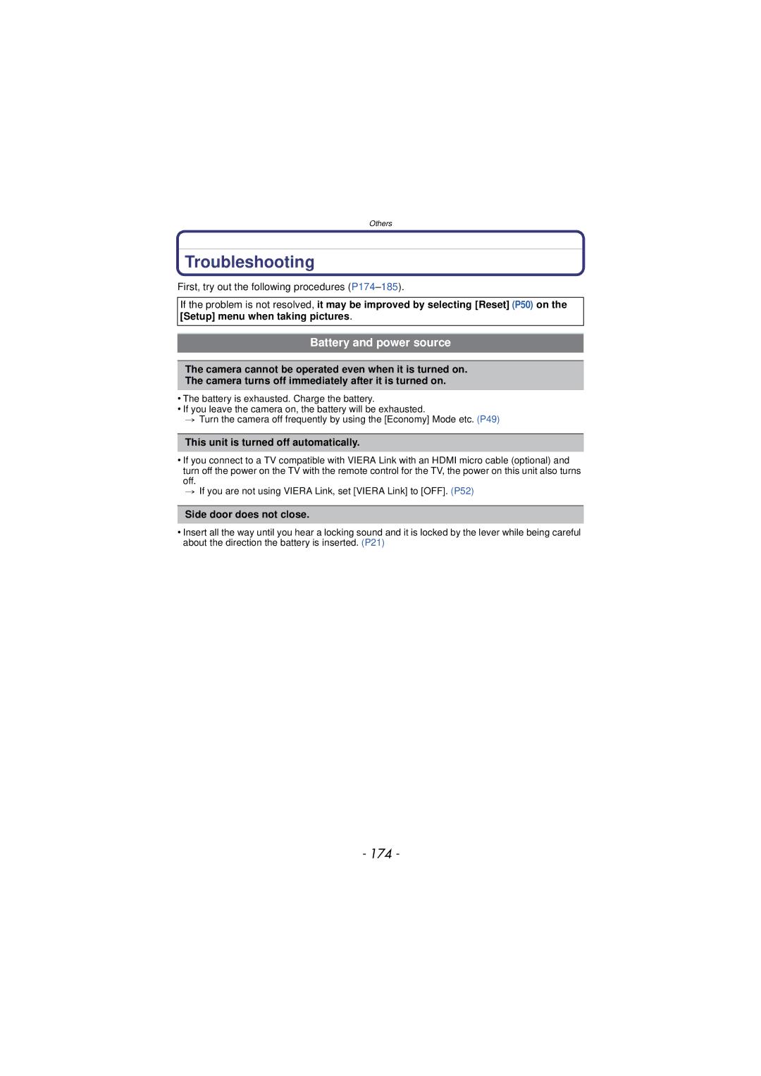 Panasonic DMC-TS3 owner manual Troubleshooting, 174, Battery and power source, This unit is turned off automatically 