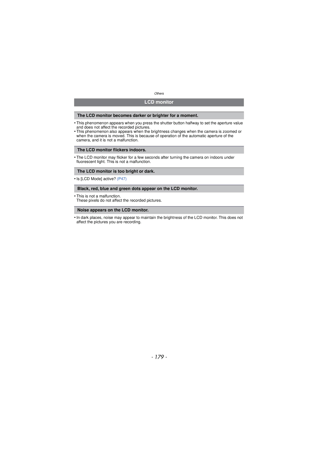 Panasonic DMC-TS3 owner manual 179, LCD monitor 