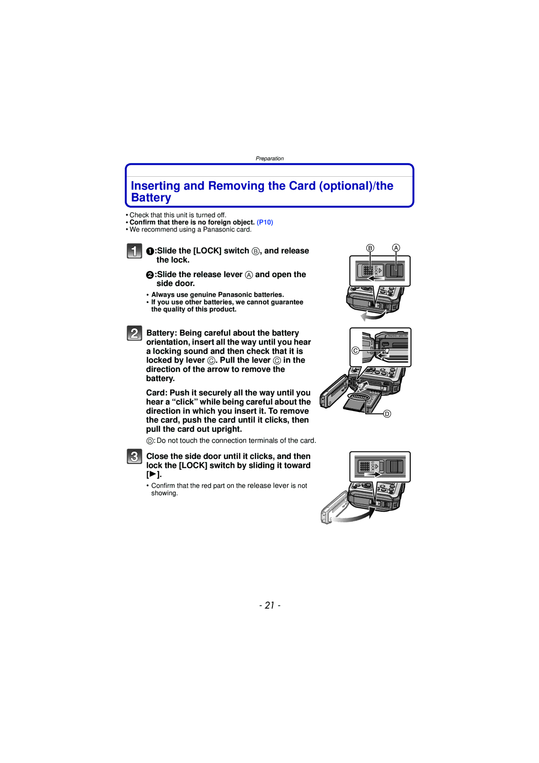 Panasonic DMC-TS3 Inserting and Removing the Card optional/the Battery, Do not touch the connection terminals of the card 