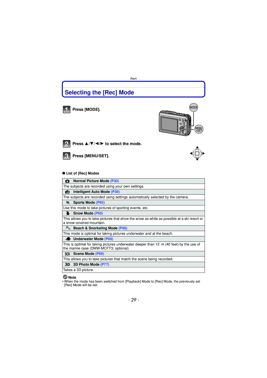 Panasonic DMC-TS3 owner manual Selecting the Rec Mode, Press Mode Press 3/4/2/1 to select the mode Press MENU/SET 