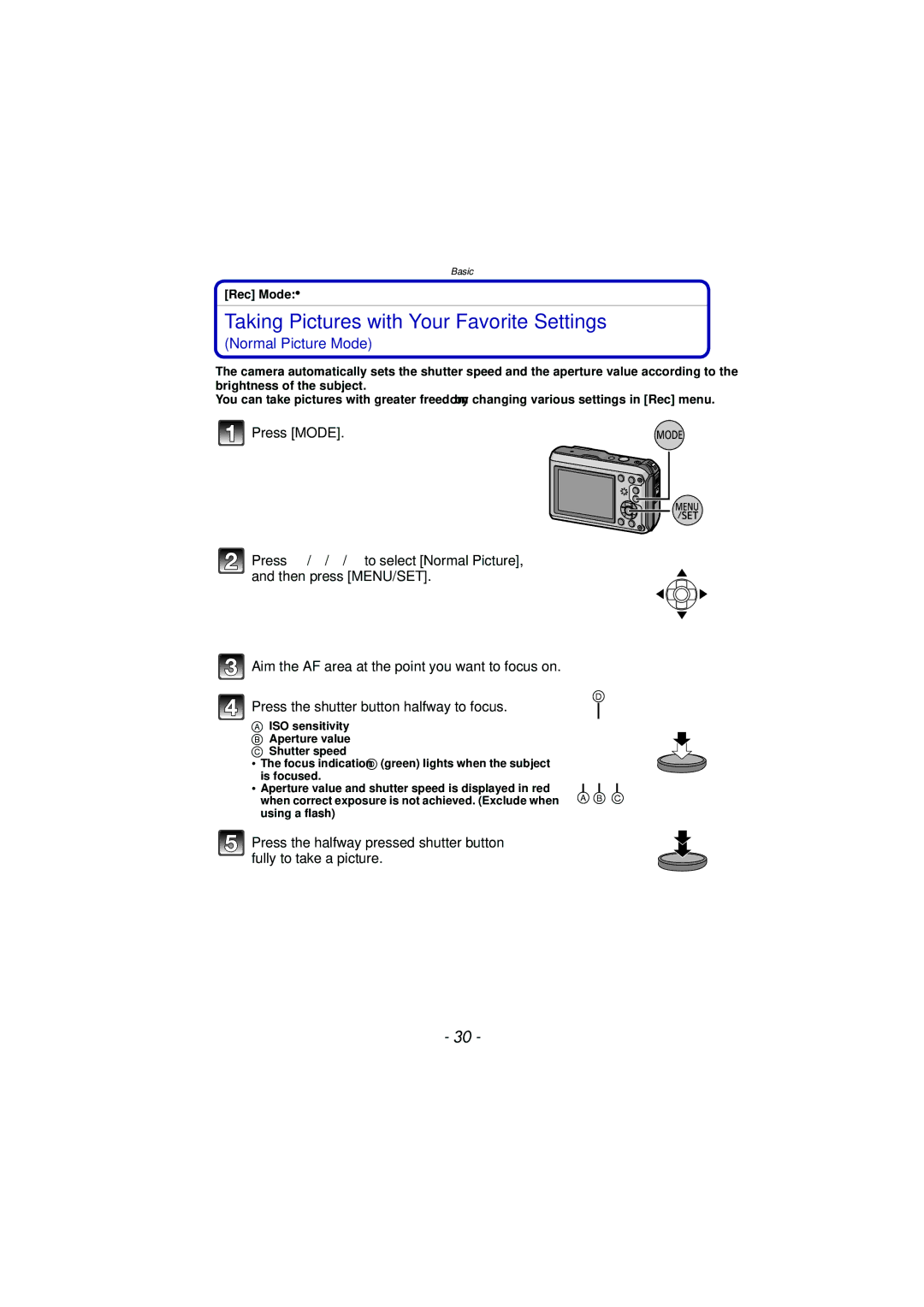 Panasonic DMC-TS3 owner manual Taking Pictures with Your Favorite Settings, Rec Mode · 