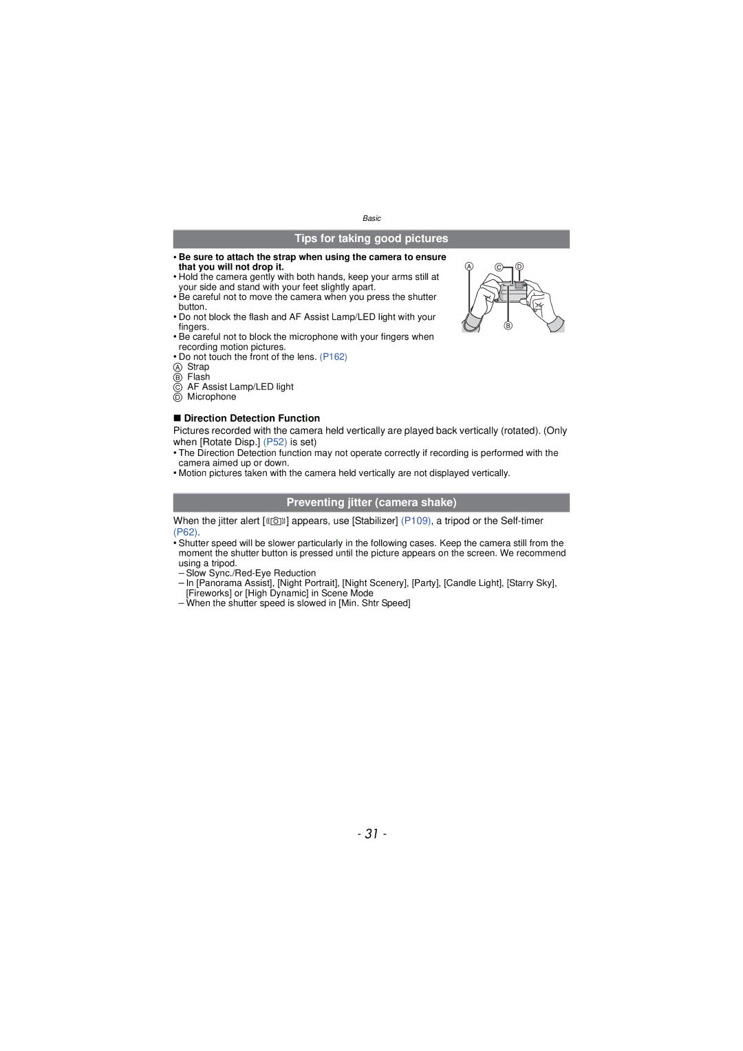 Panasonic DMC-TS3 owner manual Tips for taking good pictures, Preventing jitter camera shake, Direction Detection Function 