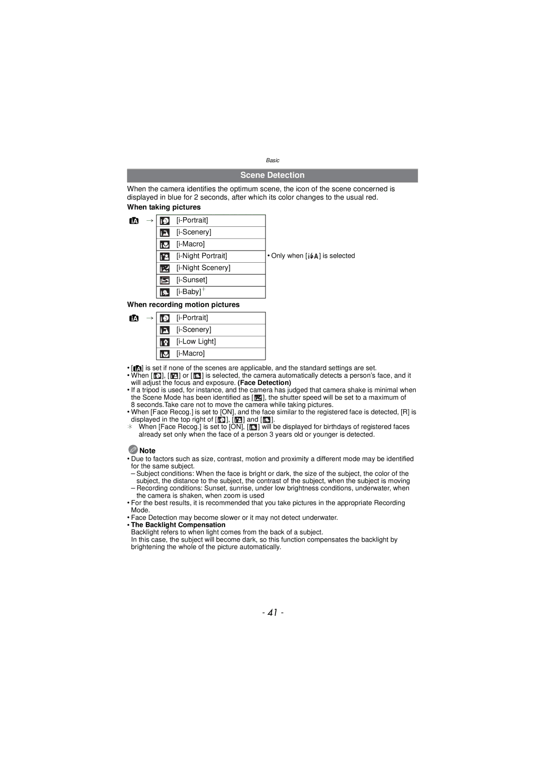 Panasonic DMC-TS3 Scene Detection, When taking pictures, When recording motion pictures, Portrait Scenery Low Light Macro 