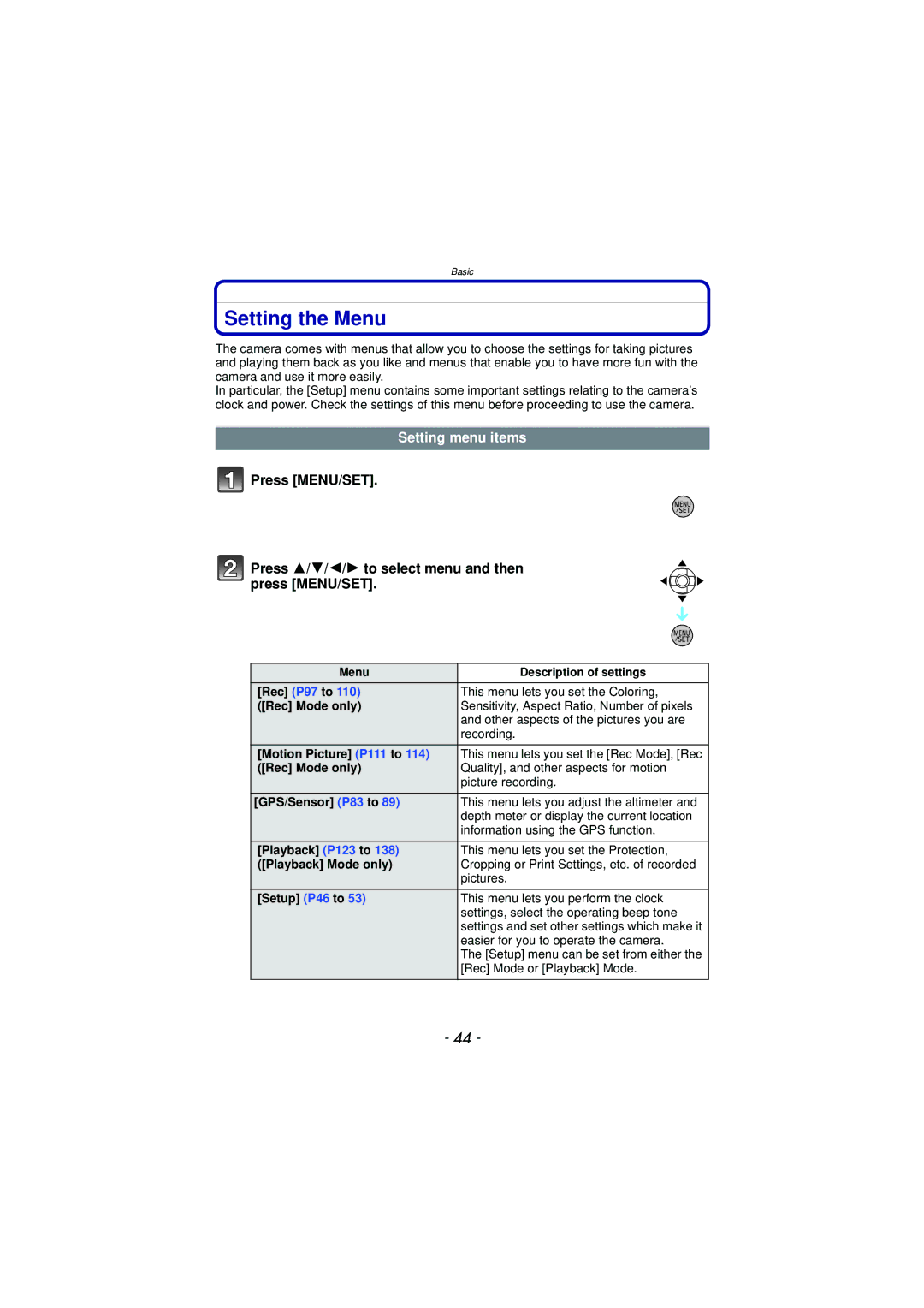 Panasonic DMC-TS3 owner manual Setting the Menu, Setting menu items 