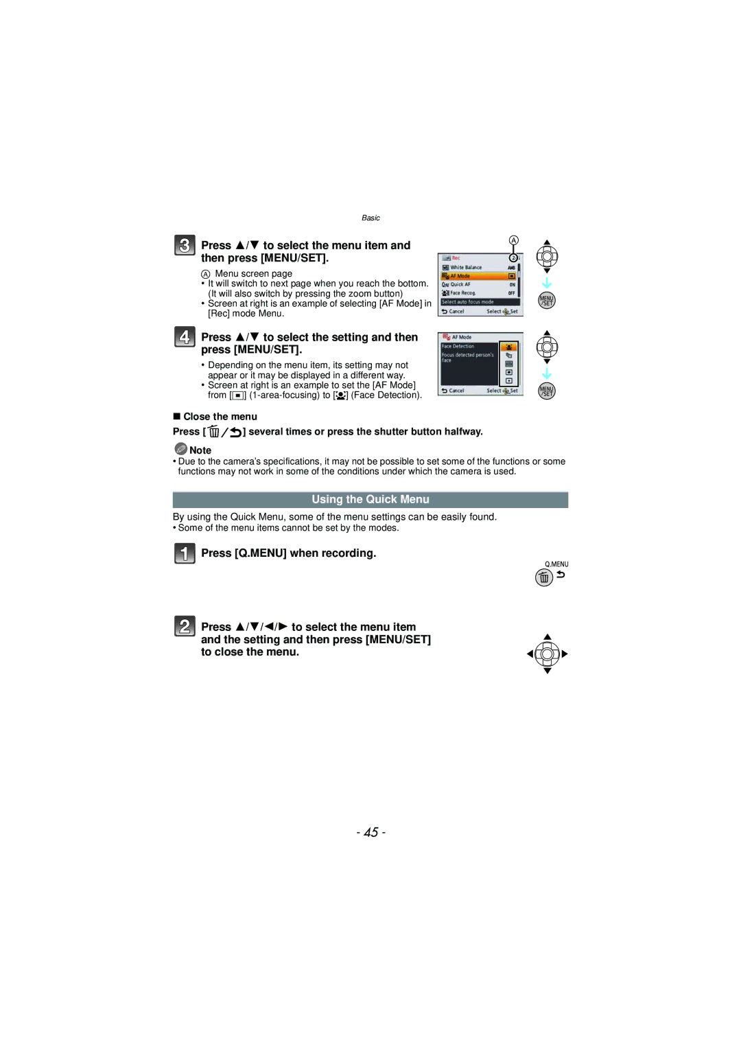 Panasonic DMC-TS3 owner manual Press 3/4 to select the menu item and then press MENU/SET, Using the Quick Menu 