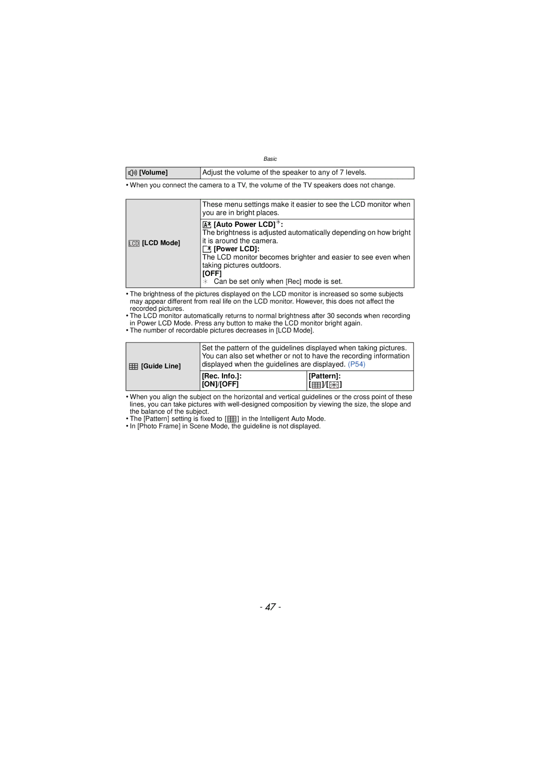 Panasonic DMC-TS3 owner manual Adjust the volume of the speaker to any of 7 levels, „ Auto Power LCD¢, … Power LCD 