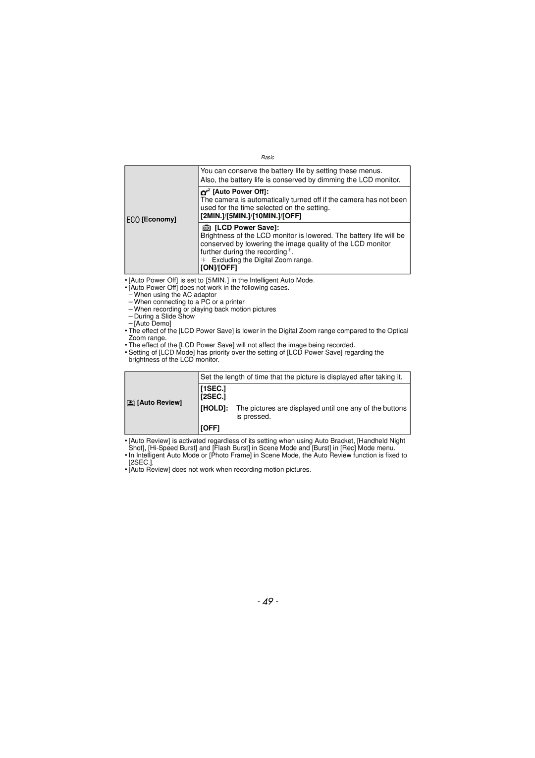 Panasonic DMC-TS3 owner manual 2MIN./5MIN./10MIN./OFF ECO LCD Power Save, 1SEC 2SEC, Economy, Auto Power Off, Auto Review 