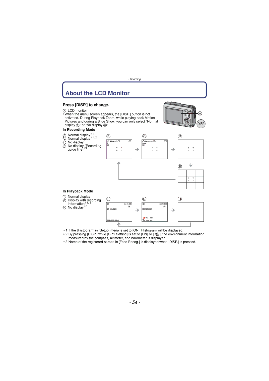 Panasonic DMC-TS3 owner manual About the LCD Monitor, Press DISP. to change, Recording Mode, Playback Mode 