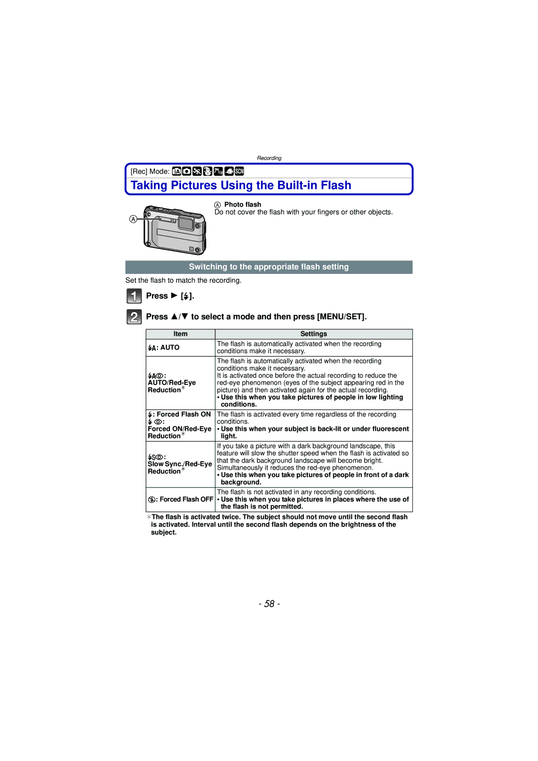 Panasonic DMC-TS3 owner manual Taking Pictures Using the Built-in Flash, Switching to the appropriate flash setting 