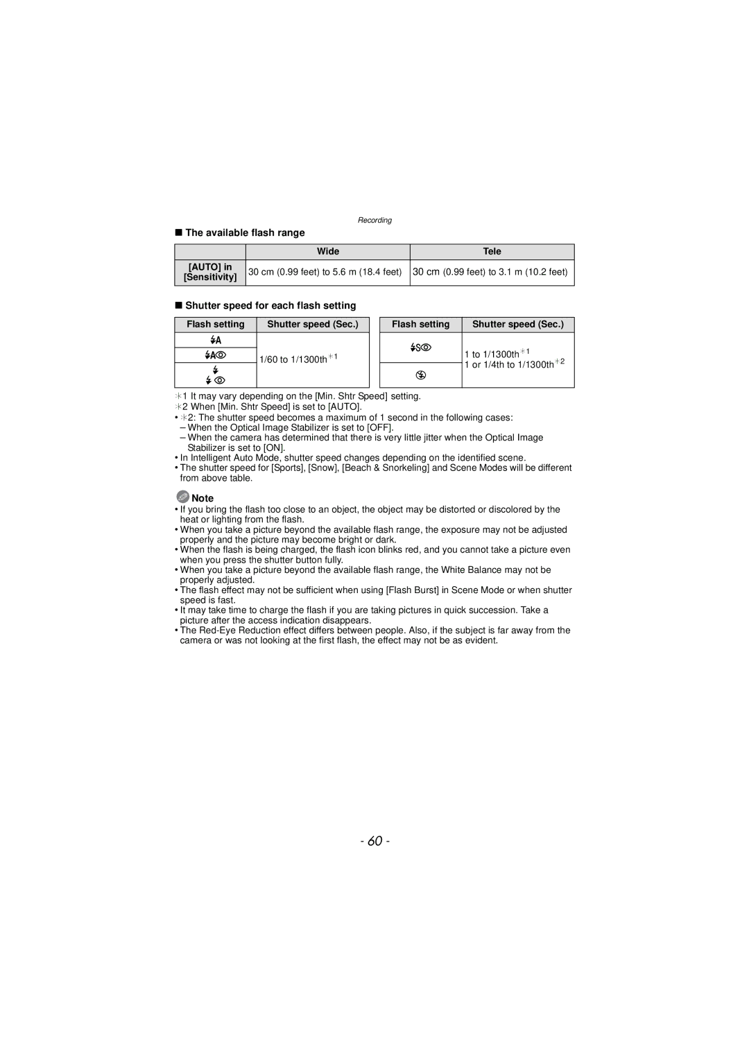 Panasonic DMC-TS3 owner manual Available flash range, Shutter speed for each flash setting, Wide Tele Auto 