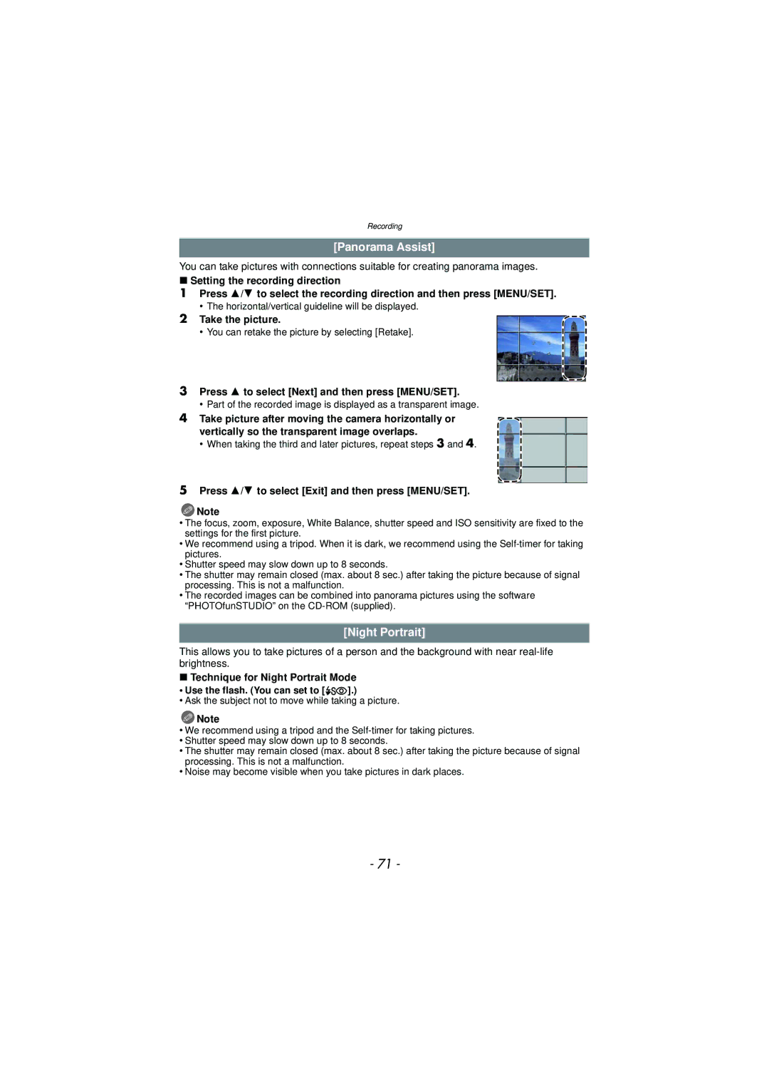 Panasonic DMC-TS3 owner manual Panorama Assist, Night Portrait 