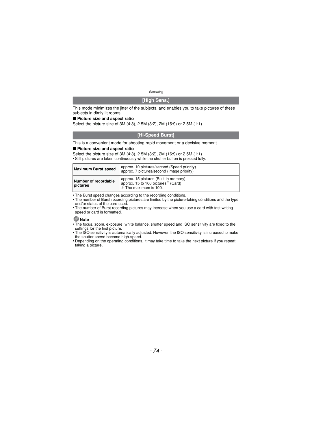 Panasonic DMC-TS3 owner manual High Sens, Hi-Speed Burst, Maximum Burst speed, Number of recordable, Pictures 