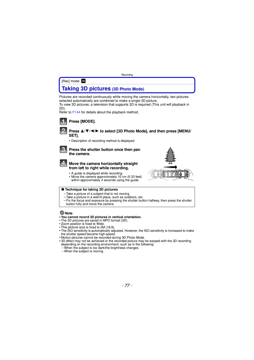 Panasonic DMC-TS3 owner manual Taking 3D pictures 3D Photo Mode, Technique for taking 3D pictures 