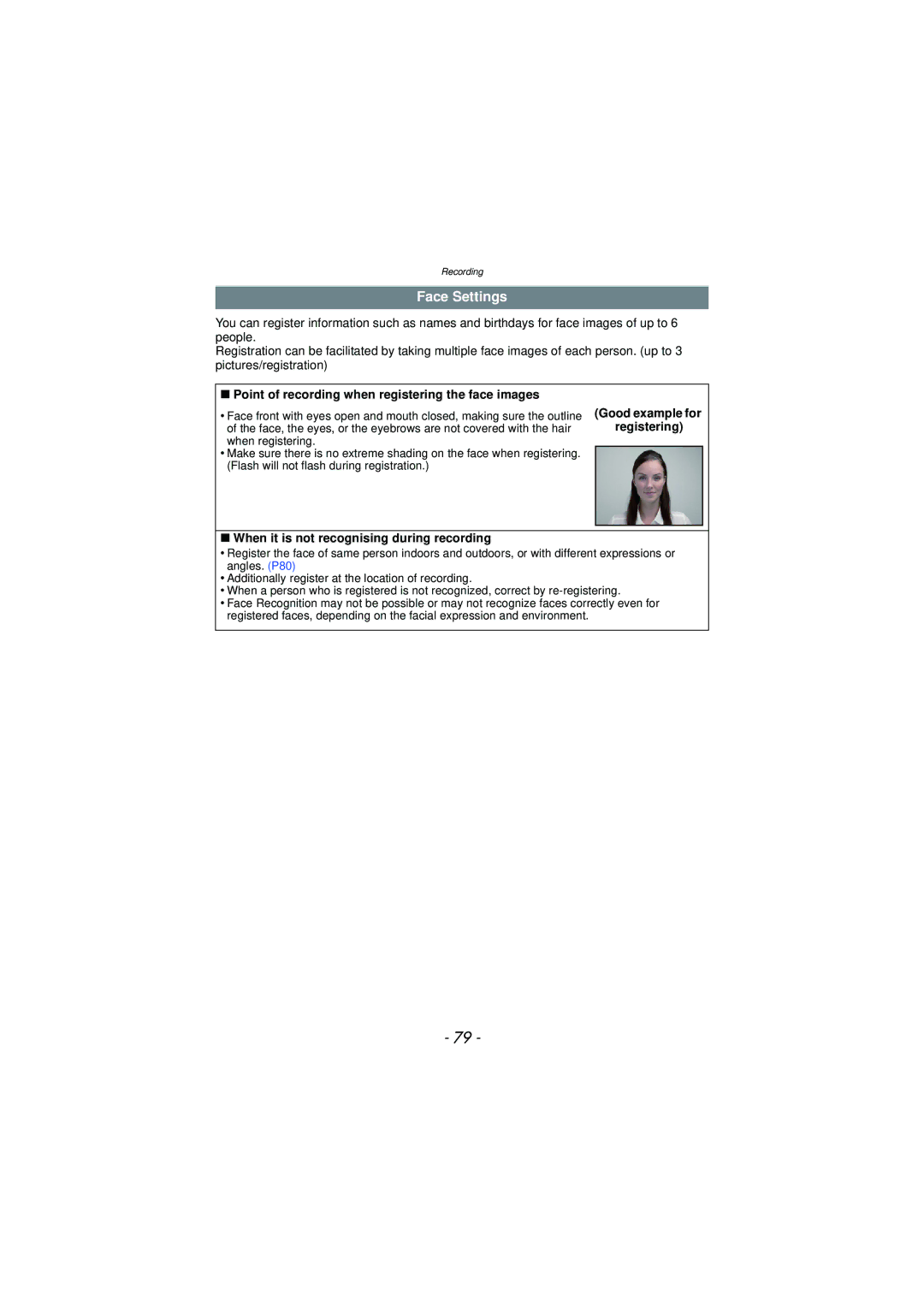 Panasonic DMC-TS3 Face Settings, Point of recording when registering the face images, Good example for registering 