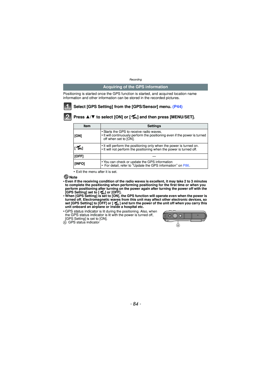 Panasonic DMC-TS3 owner manual Acquiring of the GPS information, OFF Info 