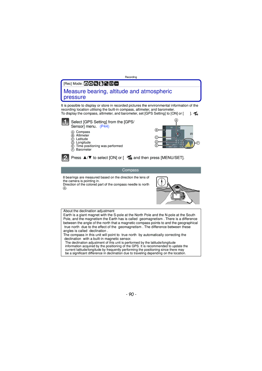 Panasonic DMC-TS3 Measure bearing, altitude and atmospheric pressure, Select GPS Setting from the GPS/ Sensor menu. P44 