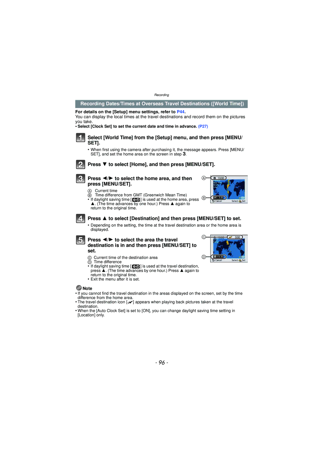 Panasonic DMC-TS3 Press 3 to select Destination and then press MENU/SET to set, Current time of the destination area 