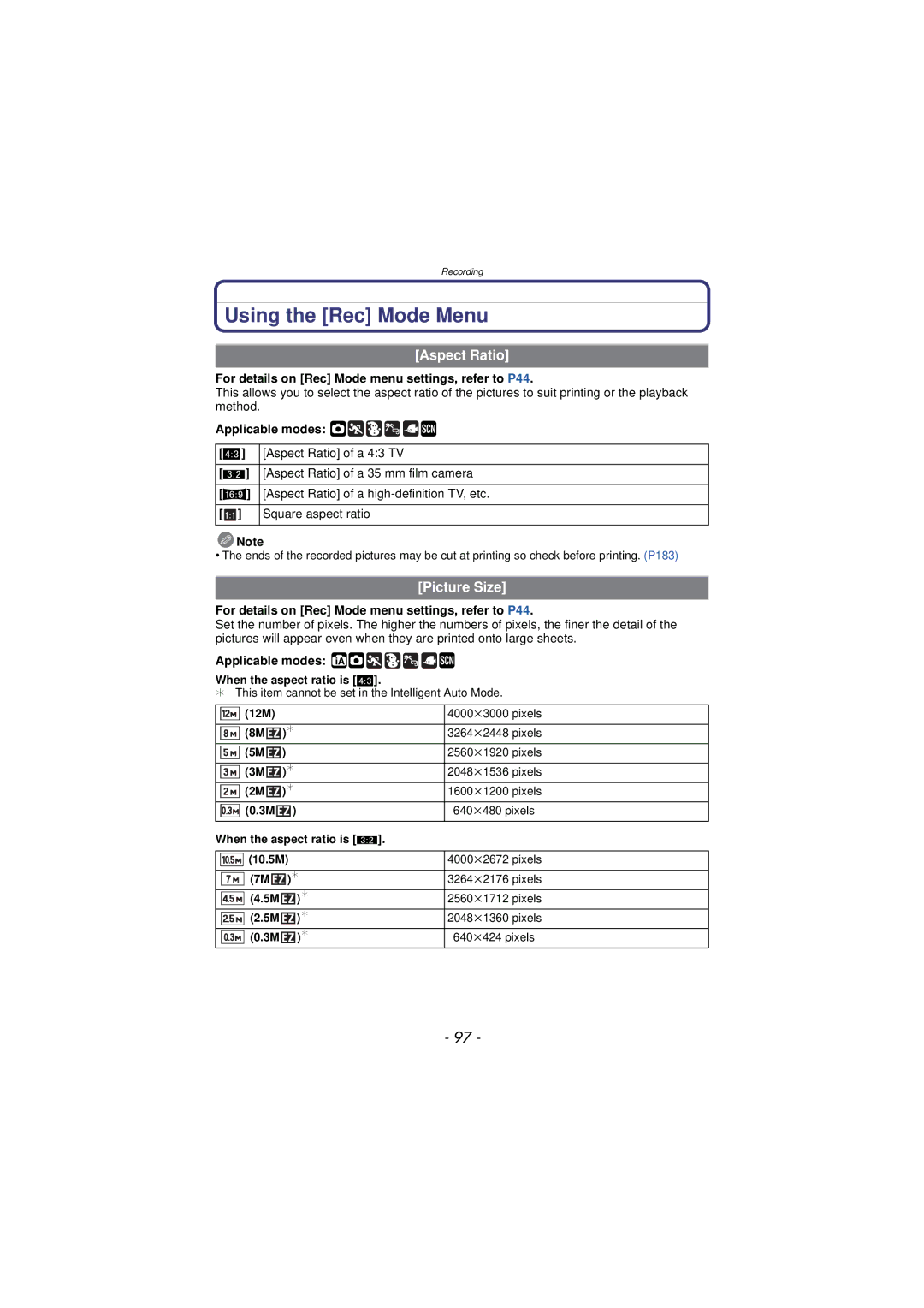 Panasonic DMC-TS3 owner manual Using the Rec Mode Menu, Aspect Ratio, Picture Size 