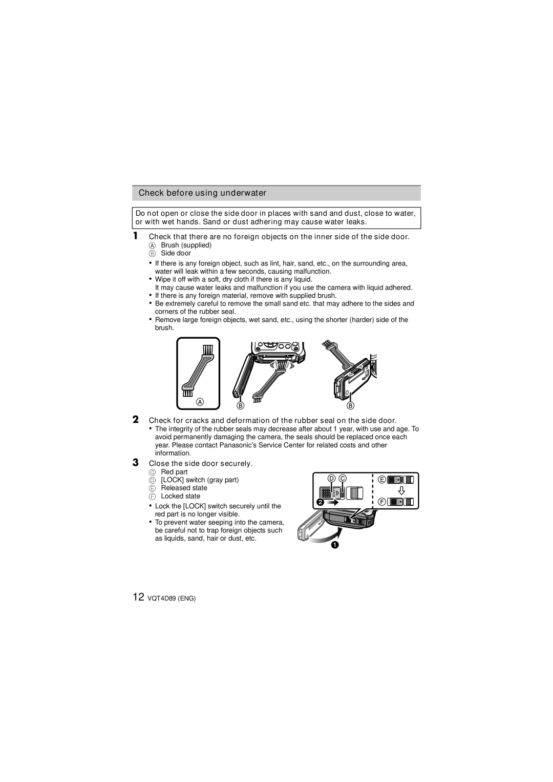 Panasonic DMC-TS4S owner manual Check before using underwater, Close the side door securely 