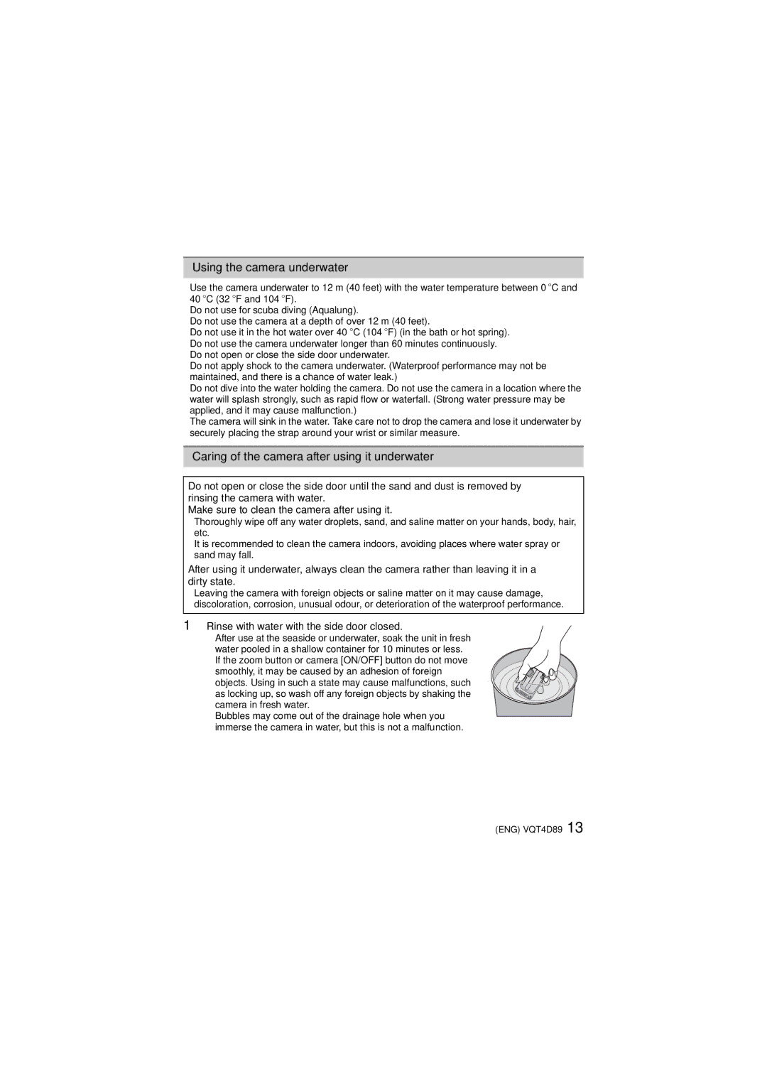 Panasonic DMC-TS4S owner manual Using the camera underwater, Caring of the camera after using it underwater 