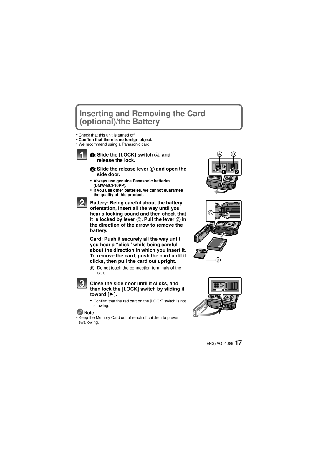 Panasonic DMC-TS4S Inserting and Removing the Card optional/the Battery, Confirm that there is no foreign object 