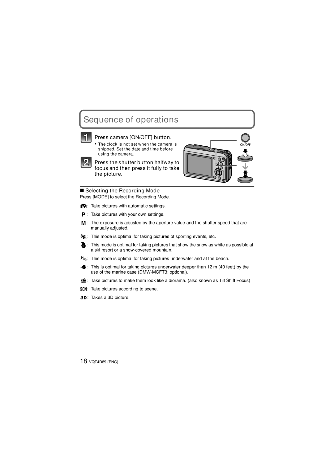 Panasonic DMC-TS4S owner manual Sequence of operations, Press camera ON/OFF button 