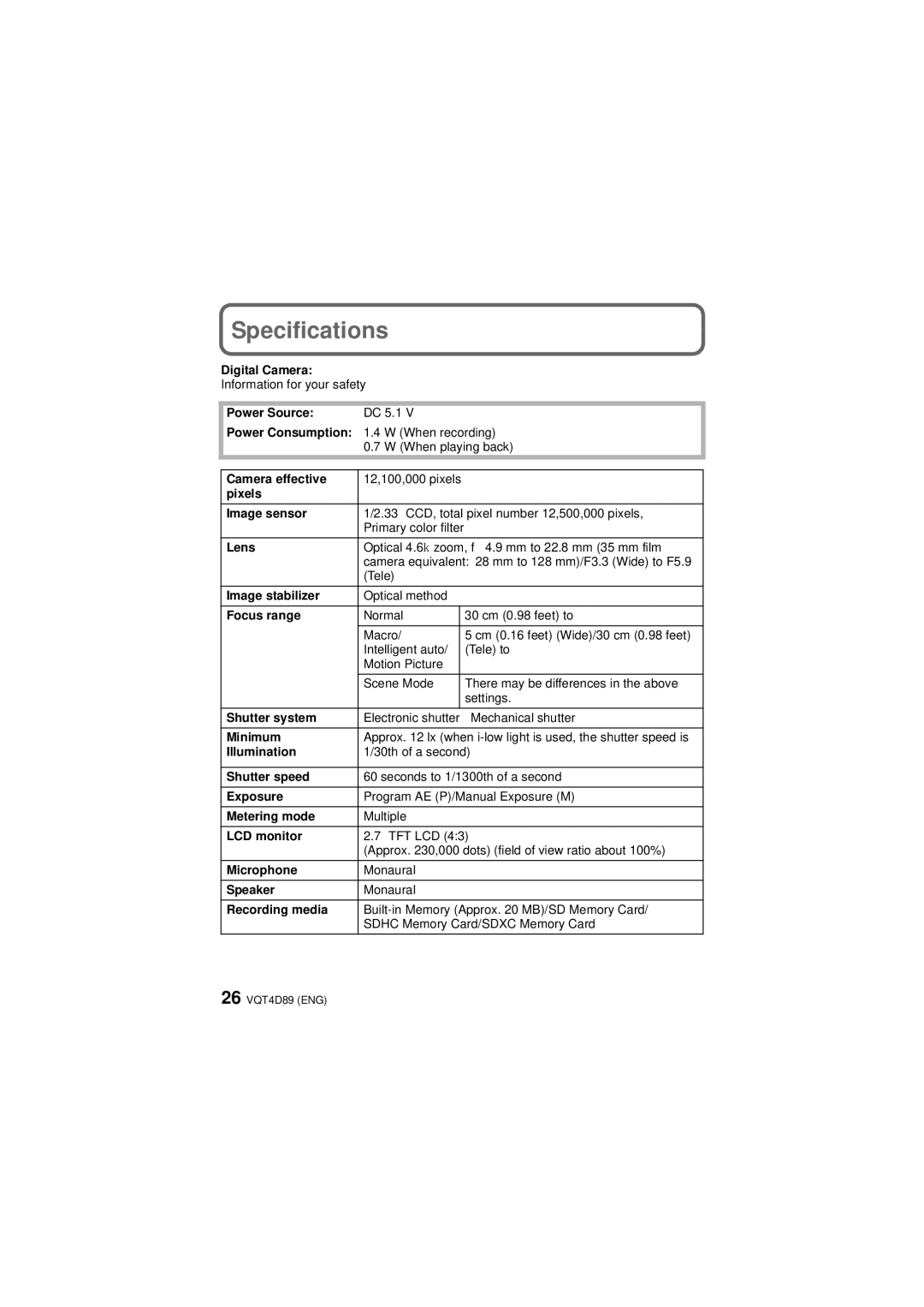 Panasonic DMC-TS4S owner manual Specifications 