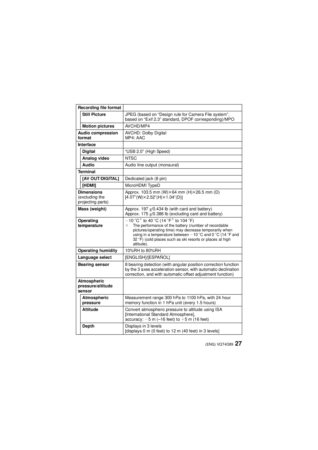 Panasonic DMC-TS4S Recording file format Still Picture, Motion pictures, Audio compression, Format, Interface Digital 