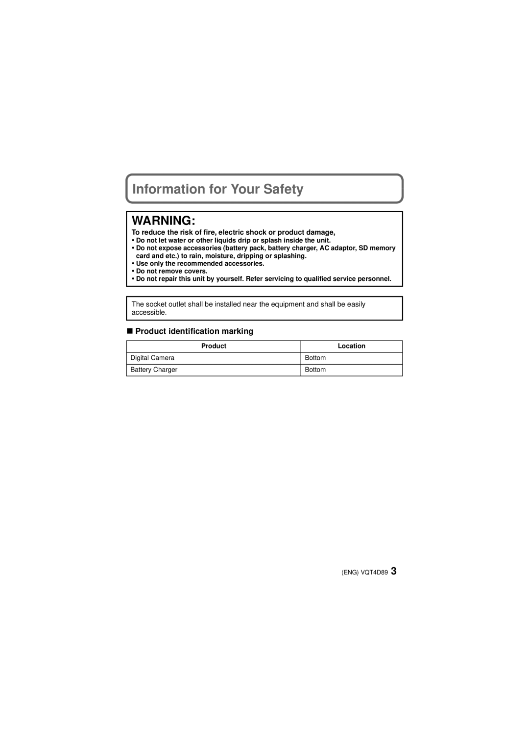 Panasonic DMC-TS4S owner manual Information for Your Safety, Product identification marking, Product Location 