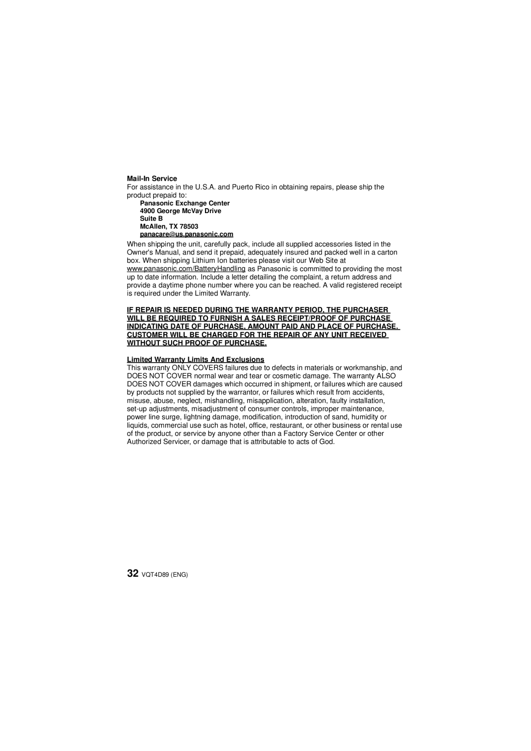 Panasonic DMC-TS4S owner manual Mail-In Service, Limited Warranty Limits And Exclusions 