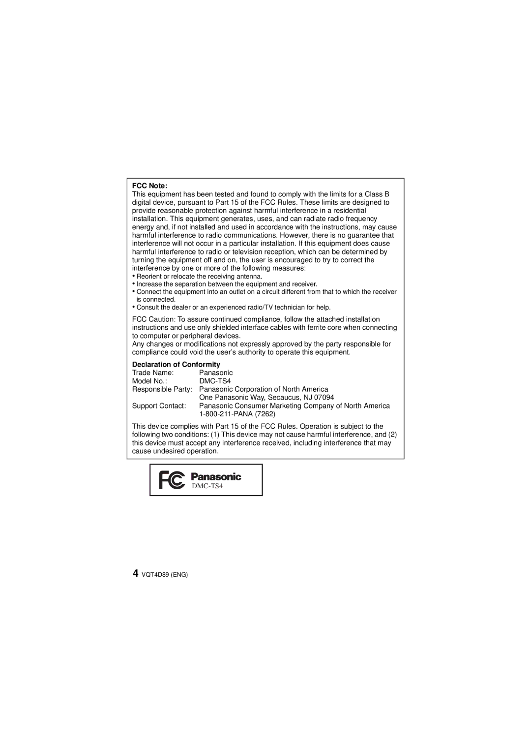 Panasonic DMC-TS4S owner manual FCC Note, Declaration of Conformity 