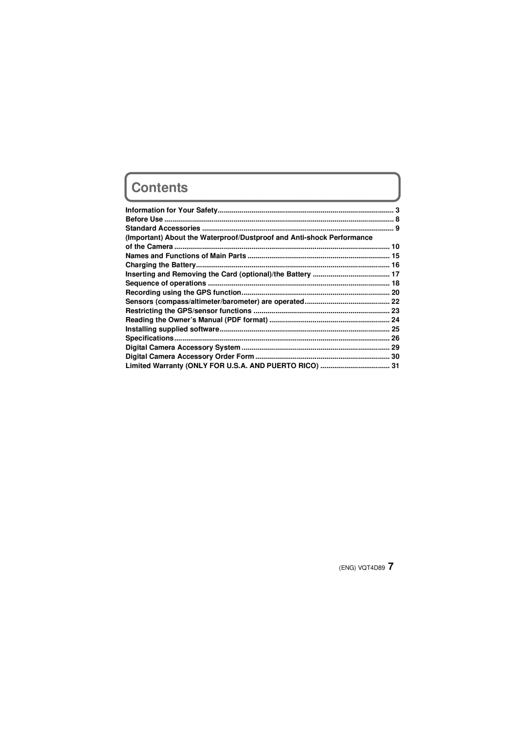 Panasonic DMC-TS4S owner manual Contents 