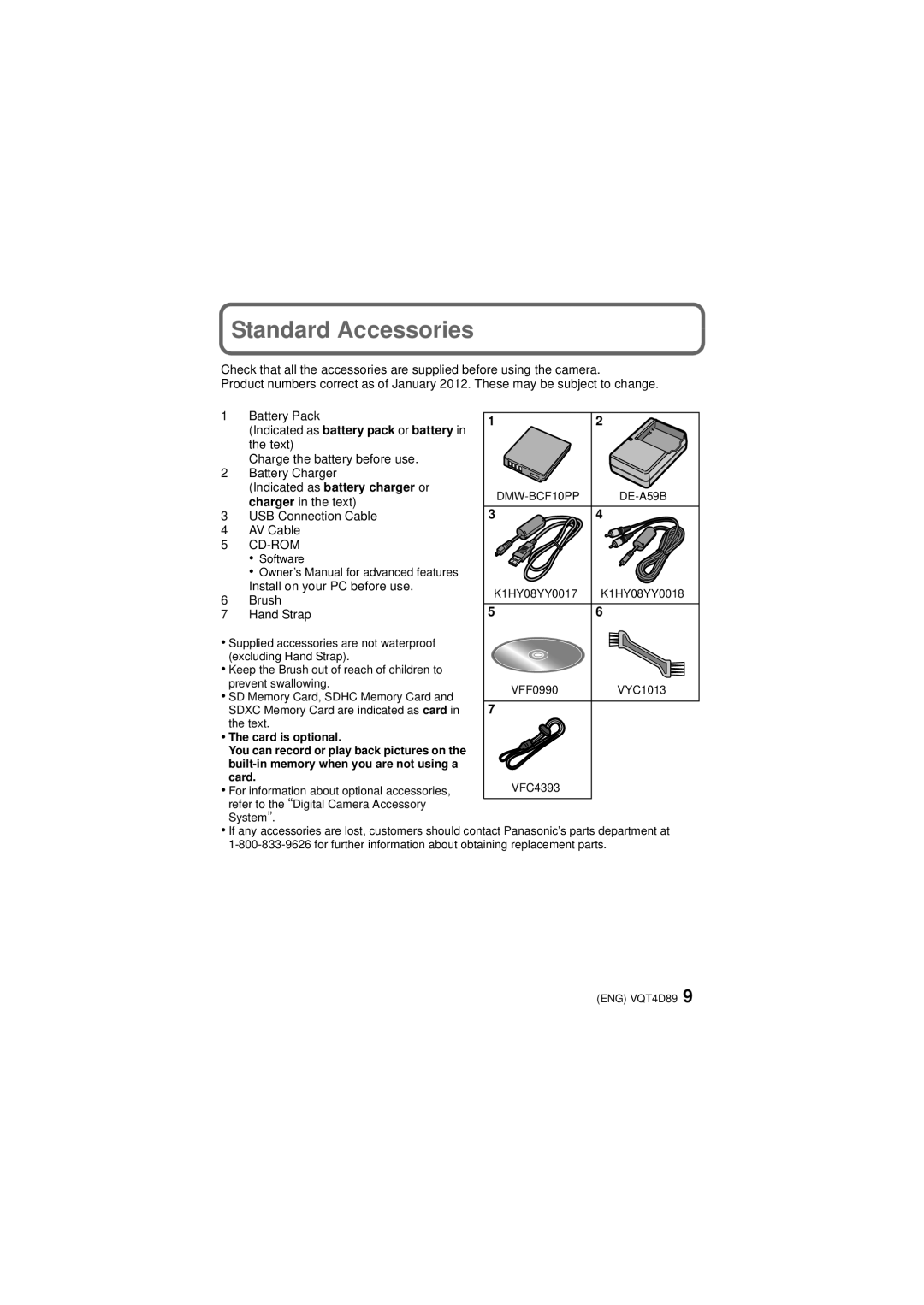 Panasonic DMC-TS4S owner manual Standard Accessories, Indicated as battery pack or battery 