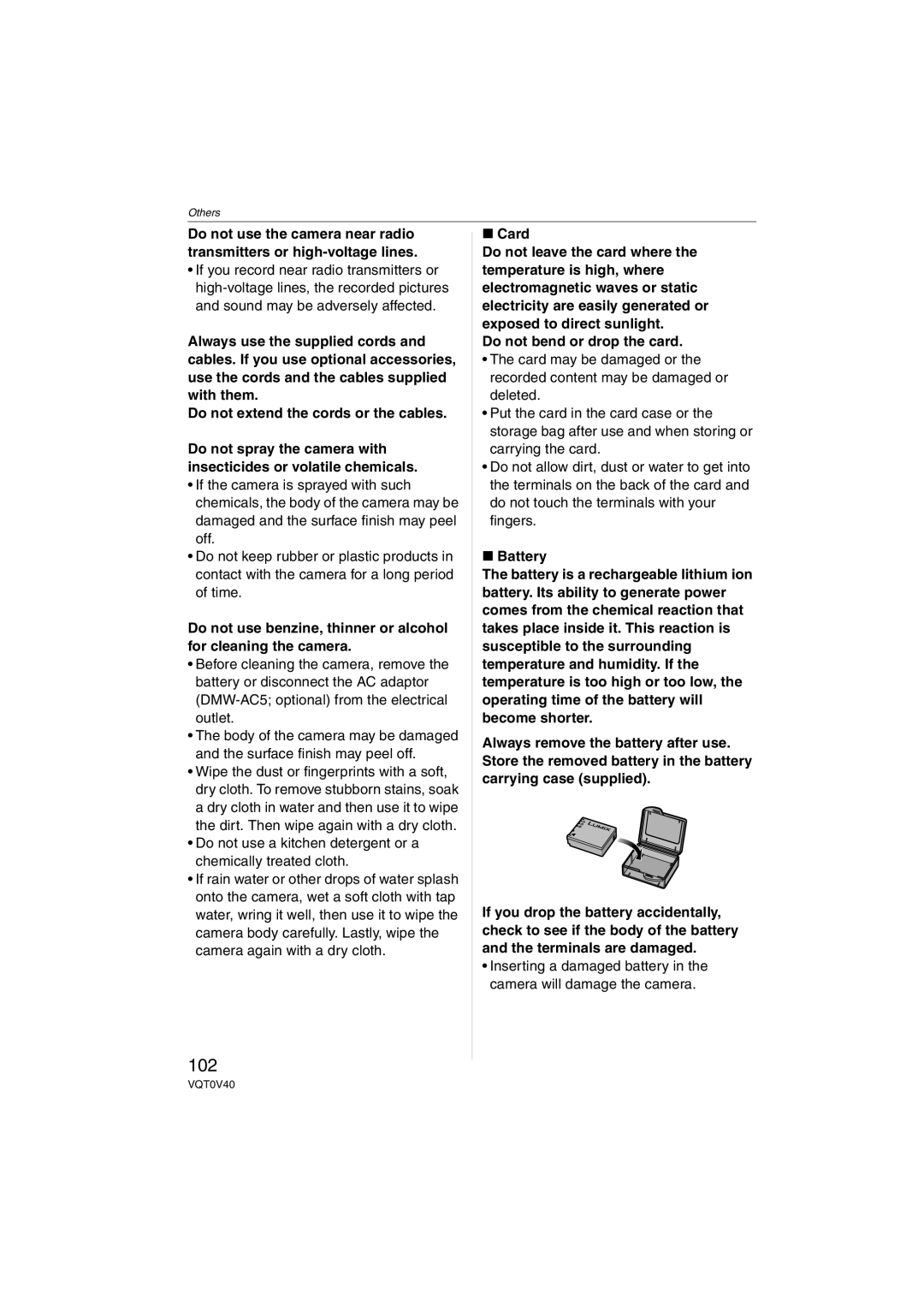 Panasonic DMC-TZ1 operating instructions 102, Do not bend or drop the card 