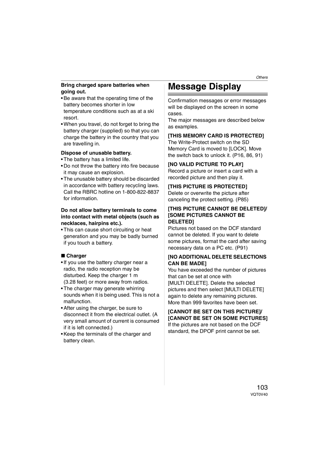 Panasonic DMC-TZ1 operating instructions Message Display, 103 