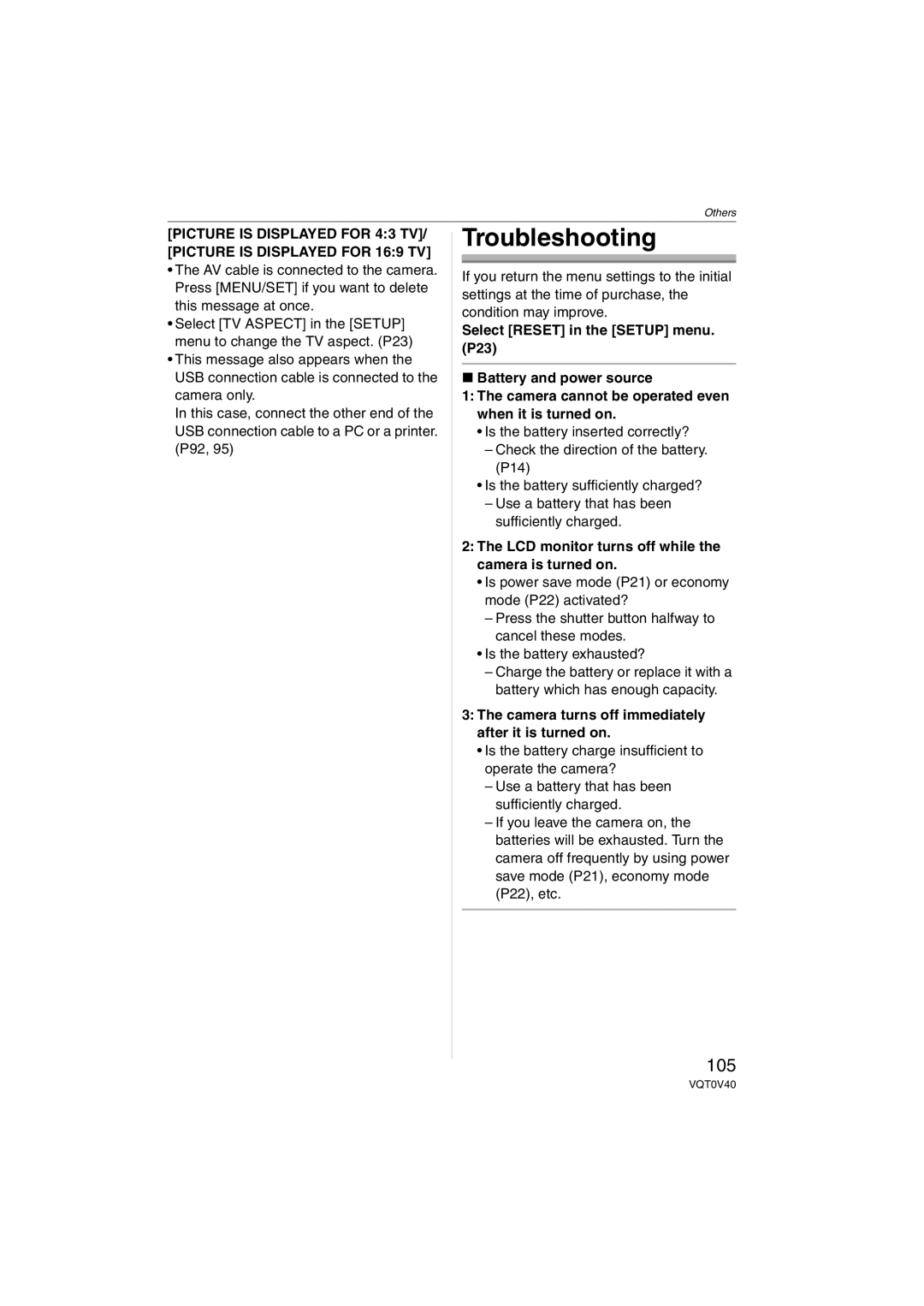 Panasonic DMC-TZ1 operating instructions Troubleshooting, 105, LCD monitor turns off while the camera is turned on 