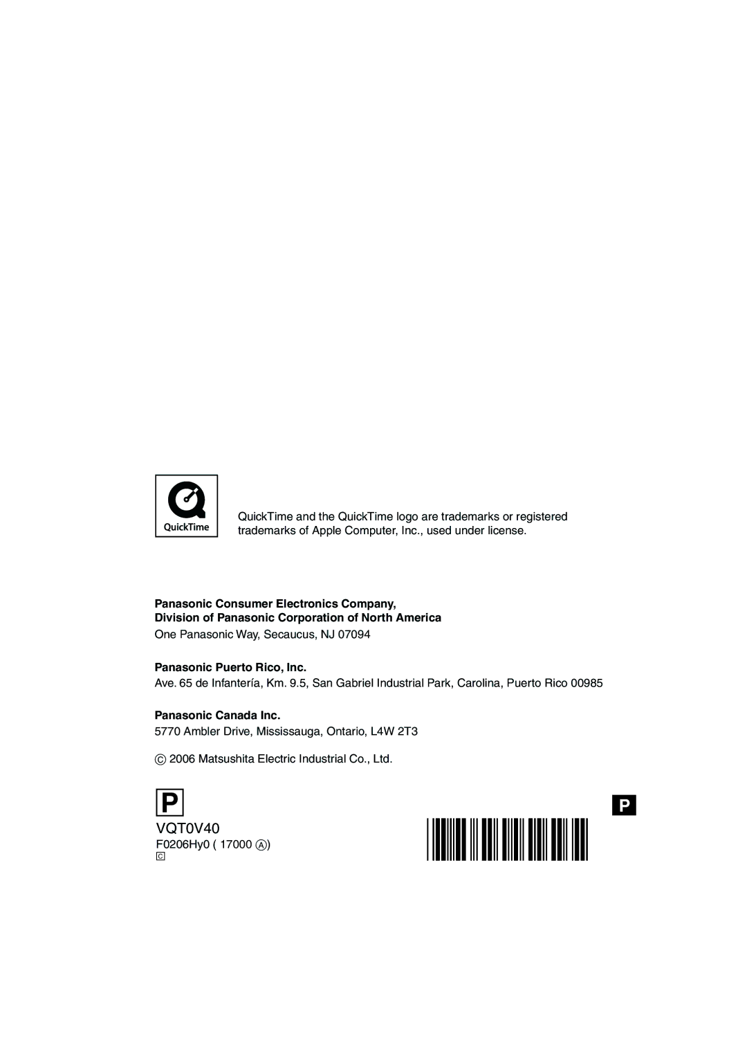 Panasonic DMC-TZ1 One Panasonic Way, Secaucus, NJ, Panasonic Puerto Rico, Inc, Panasonic Canada Inc, F0206Hy0 17000 a 