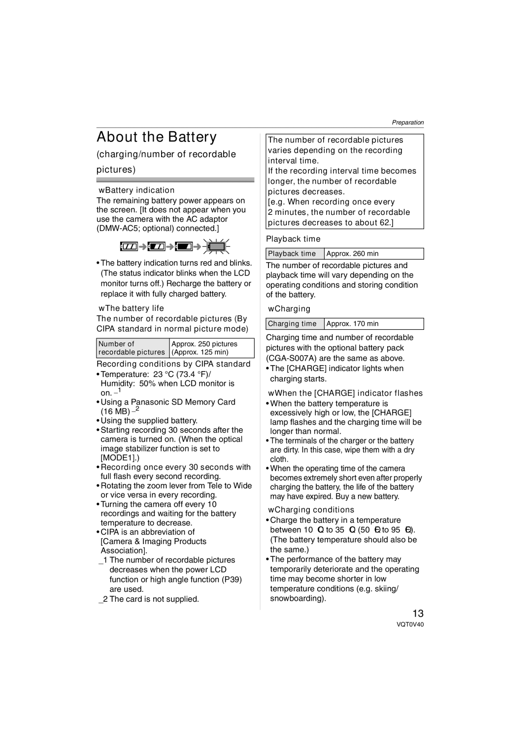 Panasonic DMC-TZ1 operating instructions About the Battery, Charging/number of recordable Pictures 