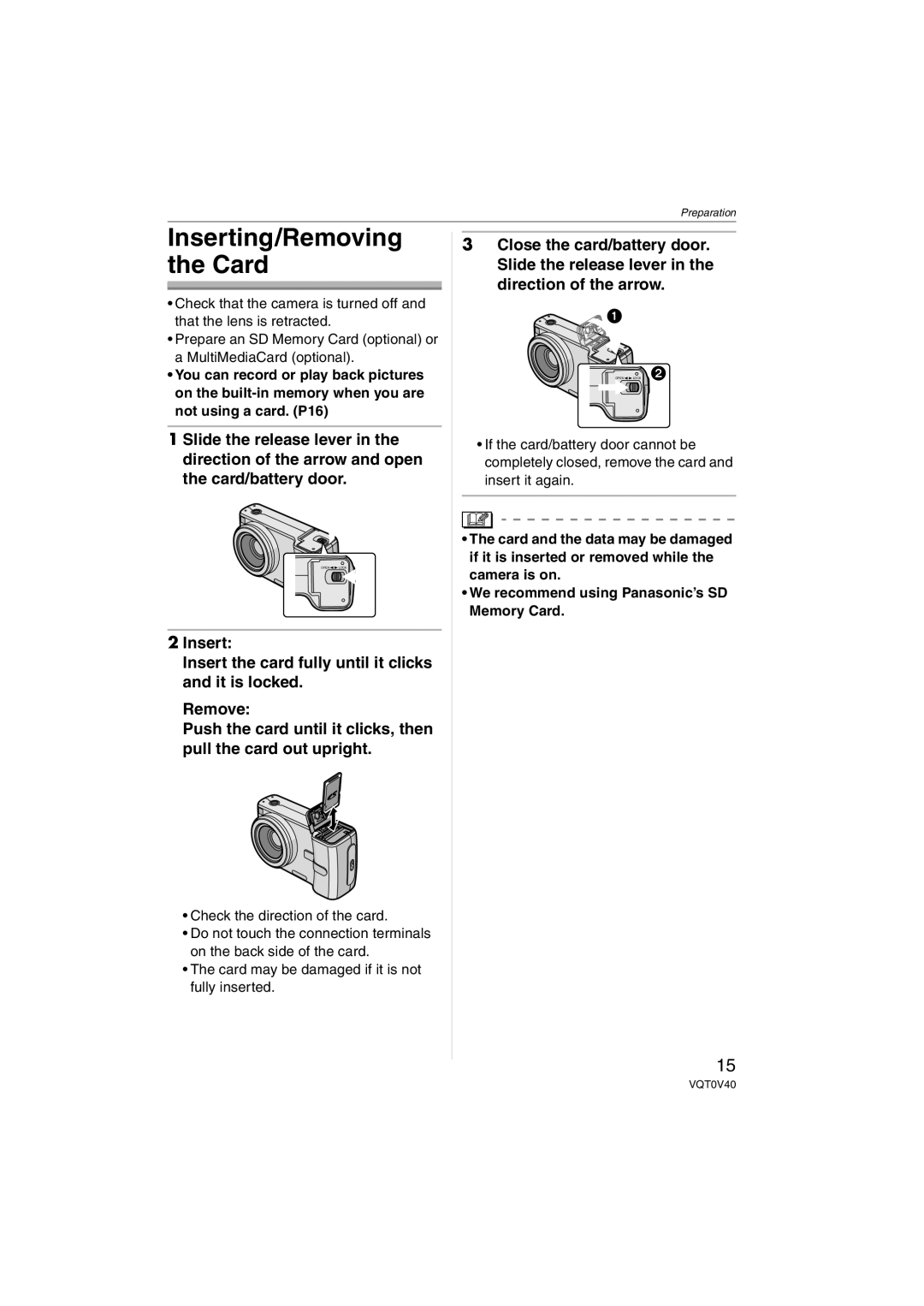 Panasonic DMC-TZ1 operating instructions Inserting/Removing the Card 