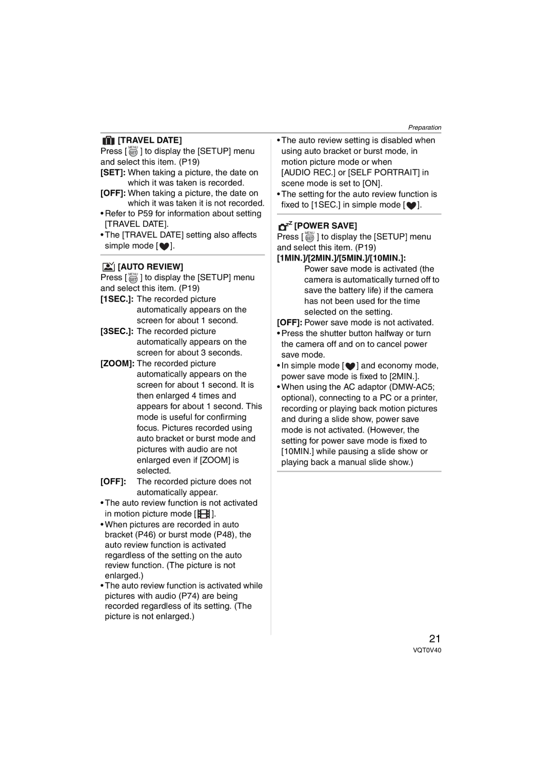 Panasonic DMC-TZ1 operating instructions Travel Date, Auto Review, Power Save, 1MIN./2MIN./5MIN./10MIN 