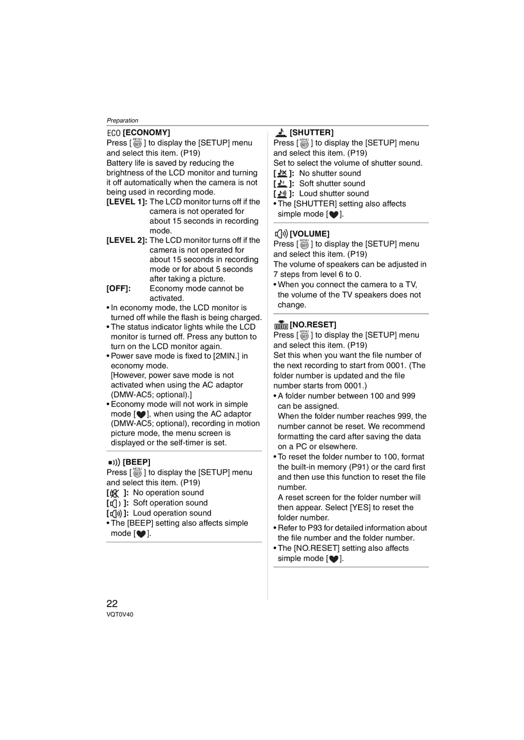 Panasonic DMC-TZ1 operating instructions Economy, Shutter, Volume 