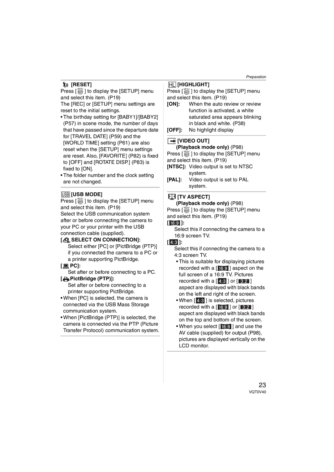 Panasonic DMC-TZ1 operating instructions Reset, Select on Connection, Highlight, Video OUT 