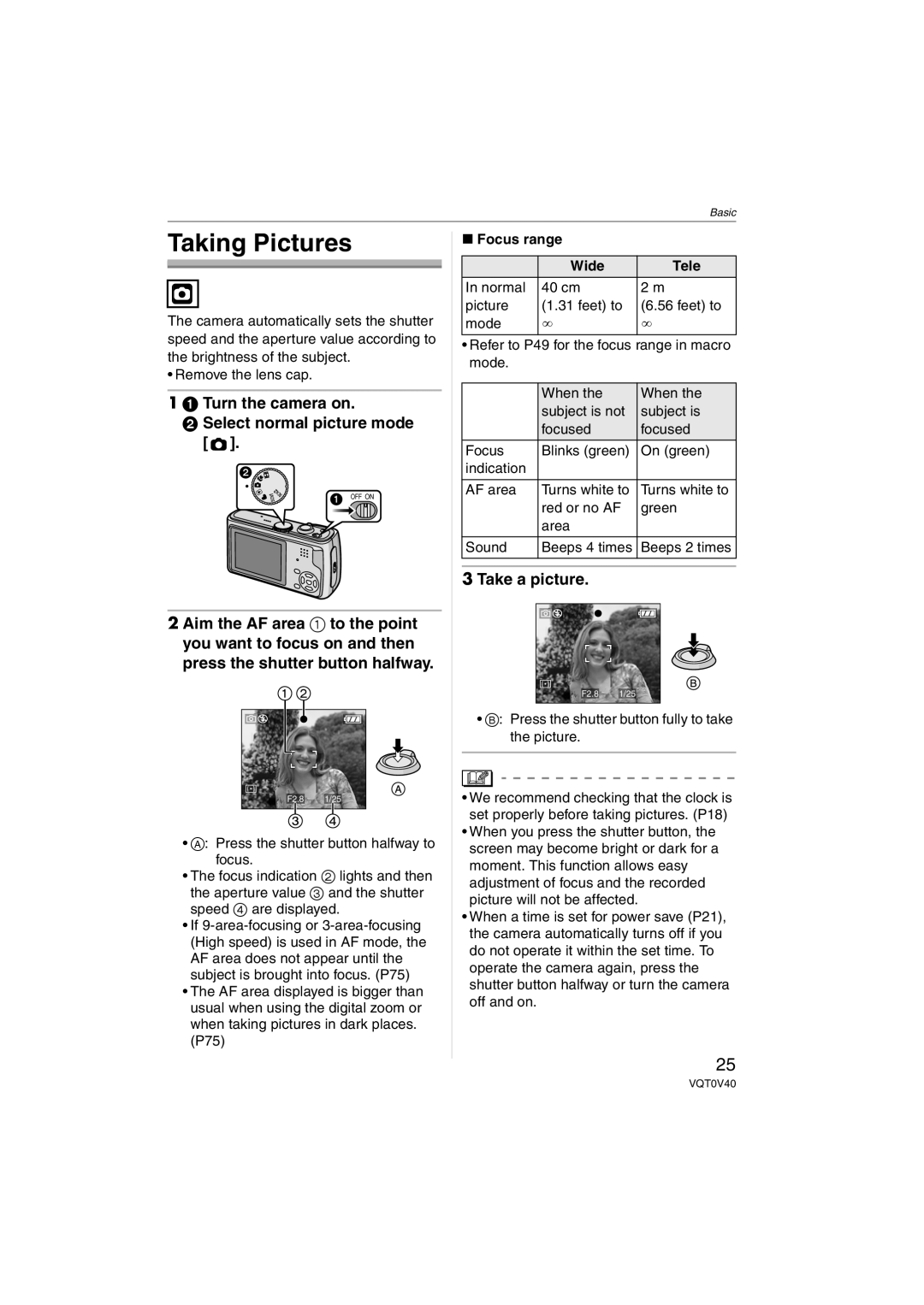 Panasonic DMC-TZ1 Taking Pictures, Turn the camera on Select normal picture mode, Take a picture, P75 