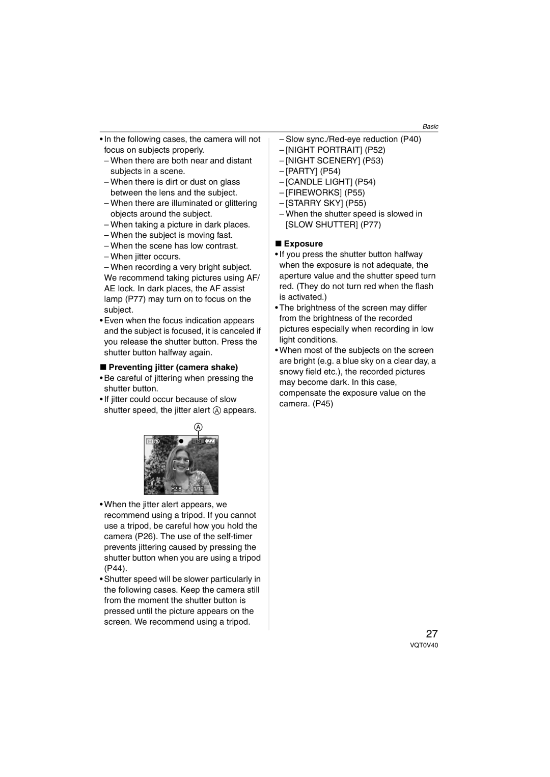 Panasonic DMC-TZ1 operating instructions Preventing jitter camera shake, Party P54, Exposure 