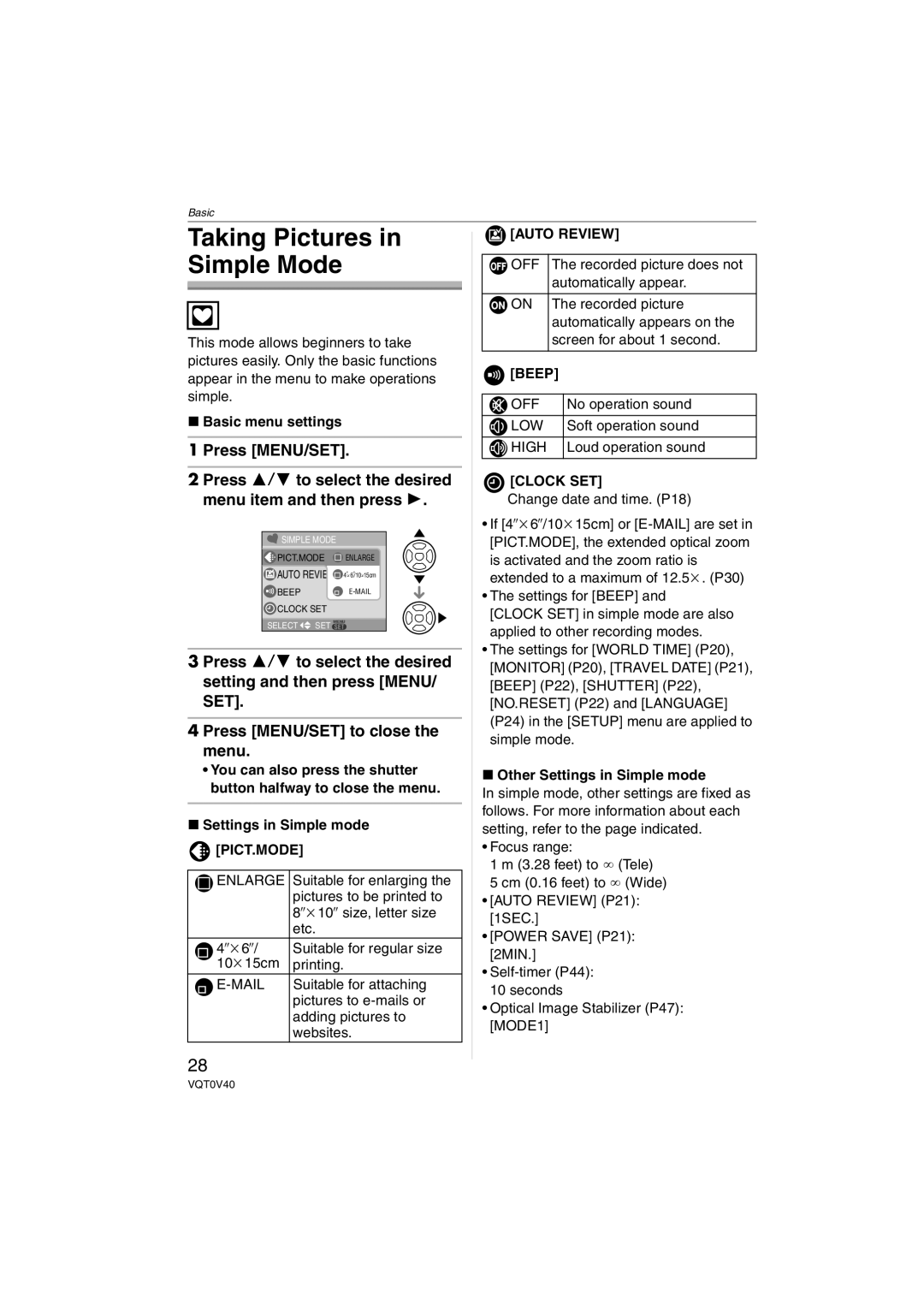 Panasonic DMC-TZ1 operating instructions Taking Pictures in Simple Mode, Pict.Mode, Beep 