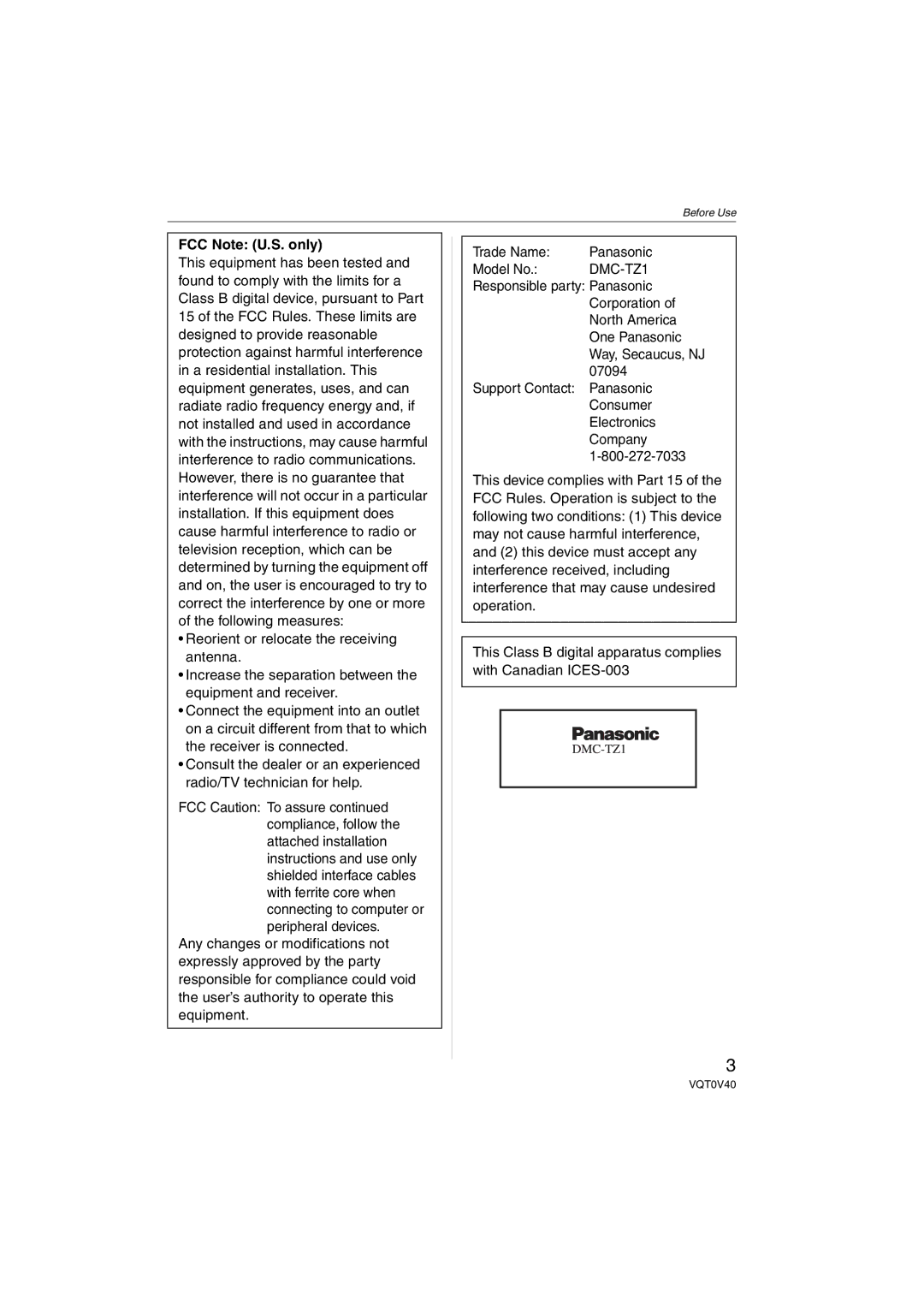 Panasonic DMC-TZ1 operating instructions FCC Note U.S. only 