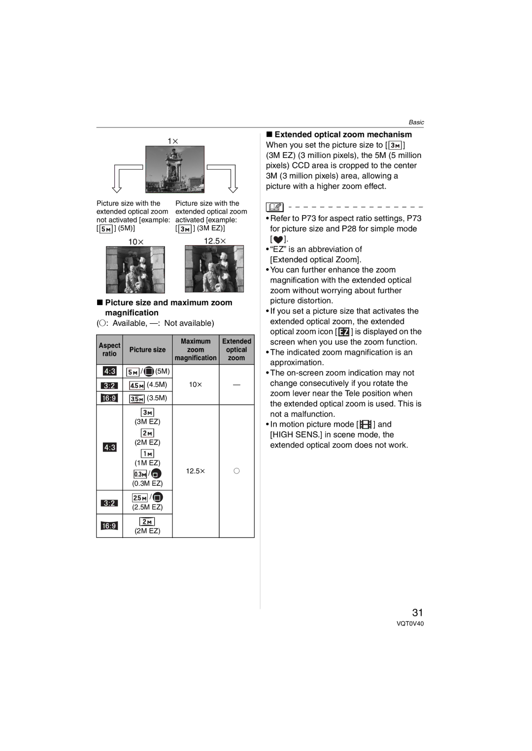 Panasonic DMC-TZ1 Picture size and maximum zoom magnification, ± Available, Not available, Extended optical zoom mechanism 