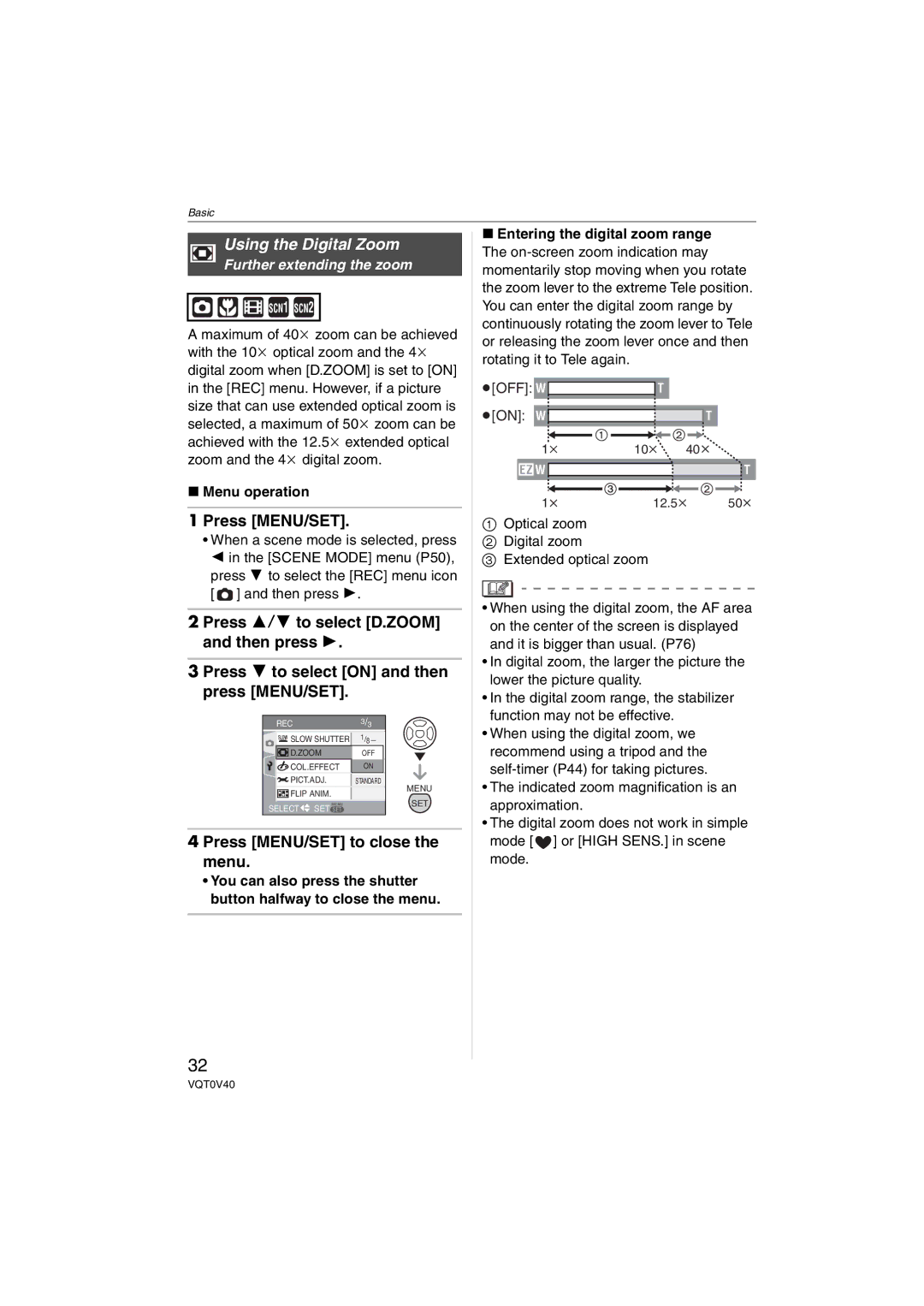 Panasonic DMC-TZ1 operating instructions Press MENU/SET, Further extending the zoom, Menu operation 