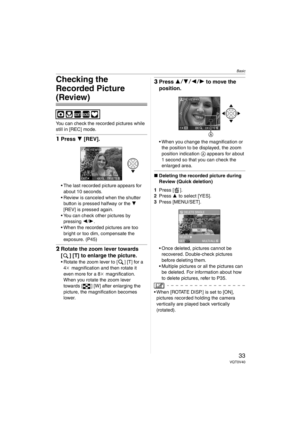 Panasonic DMC-TZ1 Checking the Recorded Picture Review, Press 4 REV, Press 3/4/2/1 to move the position 